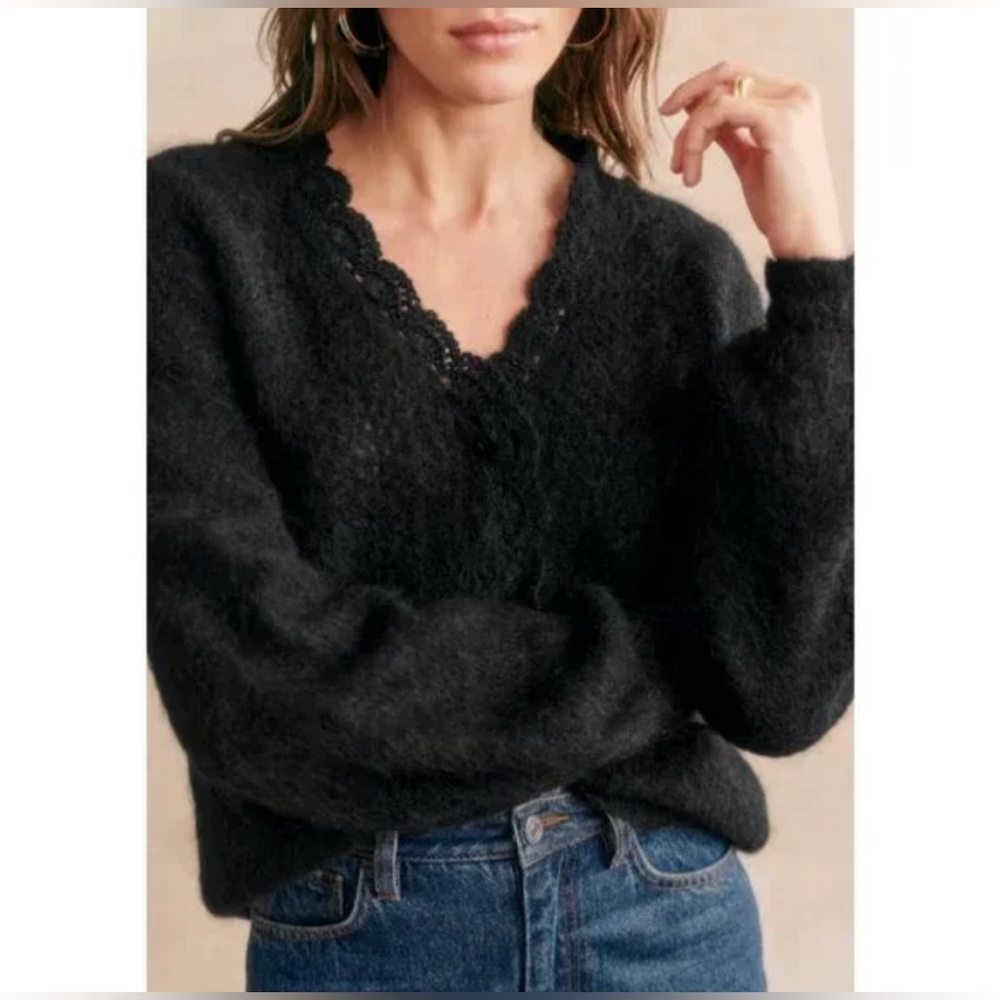 Sezane Astrid Black Lace-Trim Sweater